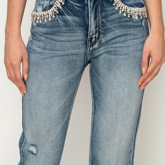 High Rise Crystal Embellished Crop Straight Jeans - Picture 5 of 8